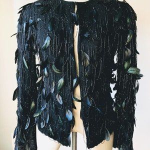 Oscar De La Renta Jacket Cardigan Cashmere Embellish Feather Beats and Sequins